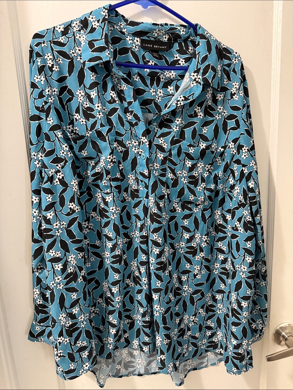 Lane Bryant Teal Floral Button-Up Blouse with Black and White Accents